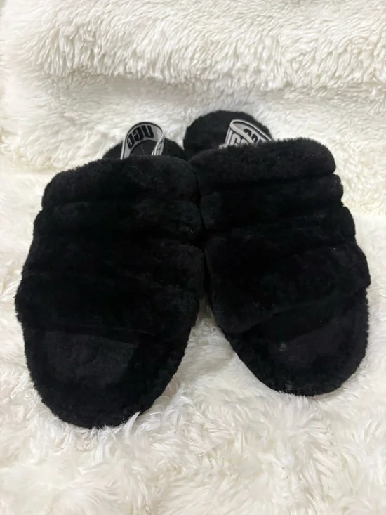 UGG Black Plush Slide Sandals with Branded Elastic Heel - Picture 2 of 8